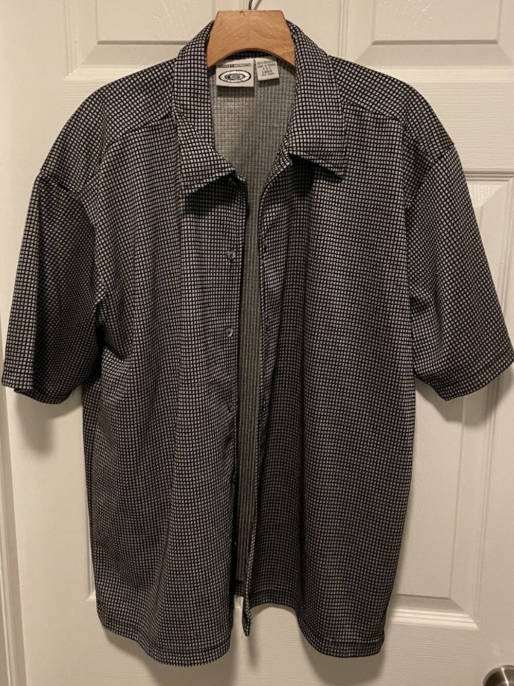 Vintage 90s Stussy Grid Button Up Shirt L Gray Cyber Y2K Skate Rave Short Sleeve